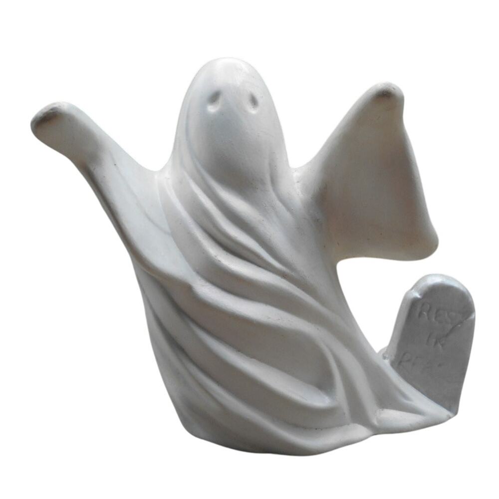 Halloween Ceramic Ghost w/Tombstone 5.5" Hand Painted 1978 Byron Mold
